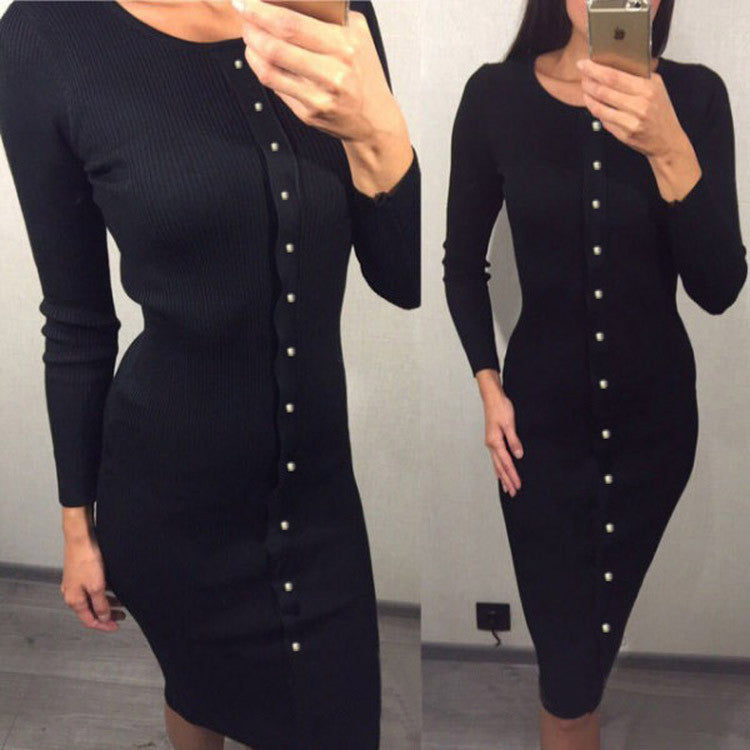 Fashion Button Decorate Long Sleeve Pure Color Long Knit Dress