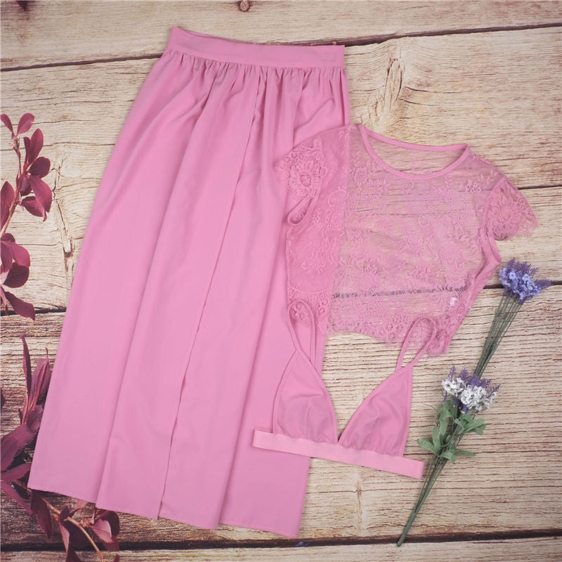 Three Pieces Lace Crop Top Slit Long Skirt Dress Set