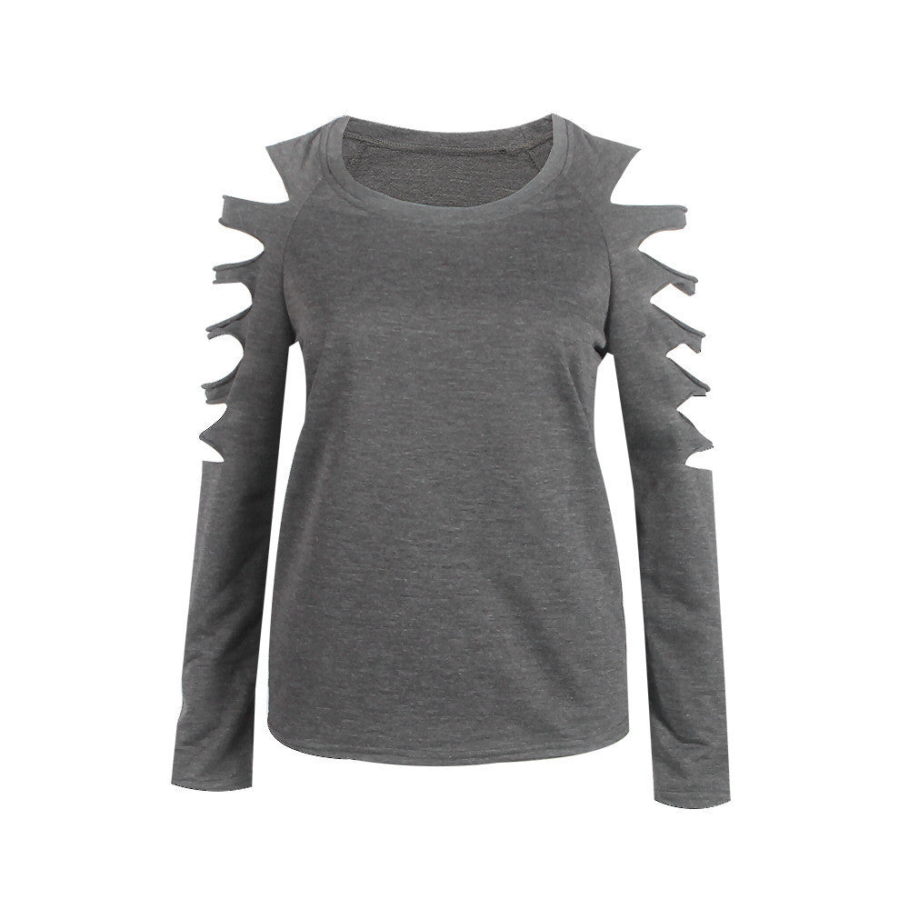 Fashion Hollow Out Long Sleeve Scoop Gray Blouse