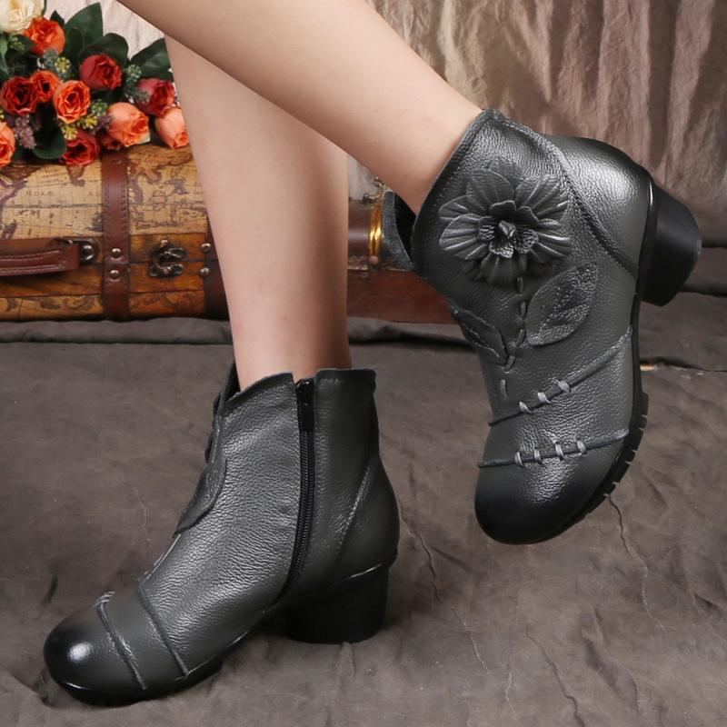 Warm Flower Retro Hand Made Real Leather Low Chunky Heel Ankle Boots