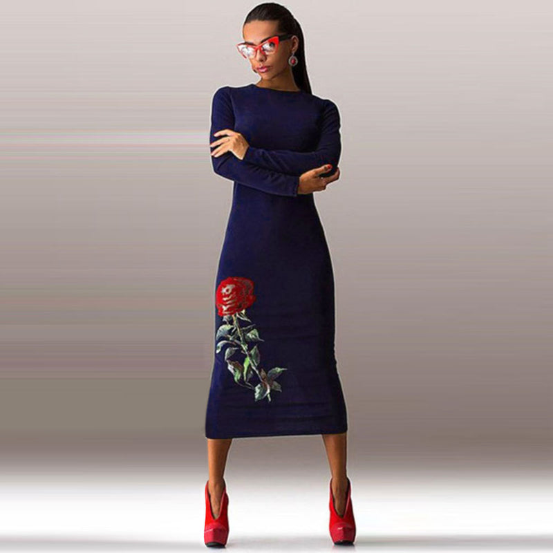 Rose Print Long Sleeve Back Zipper Bodycon Long Dress