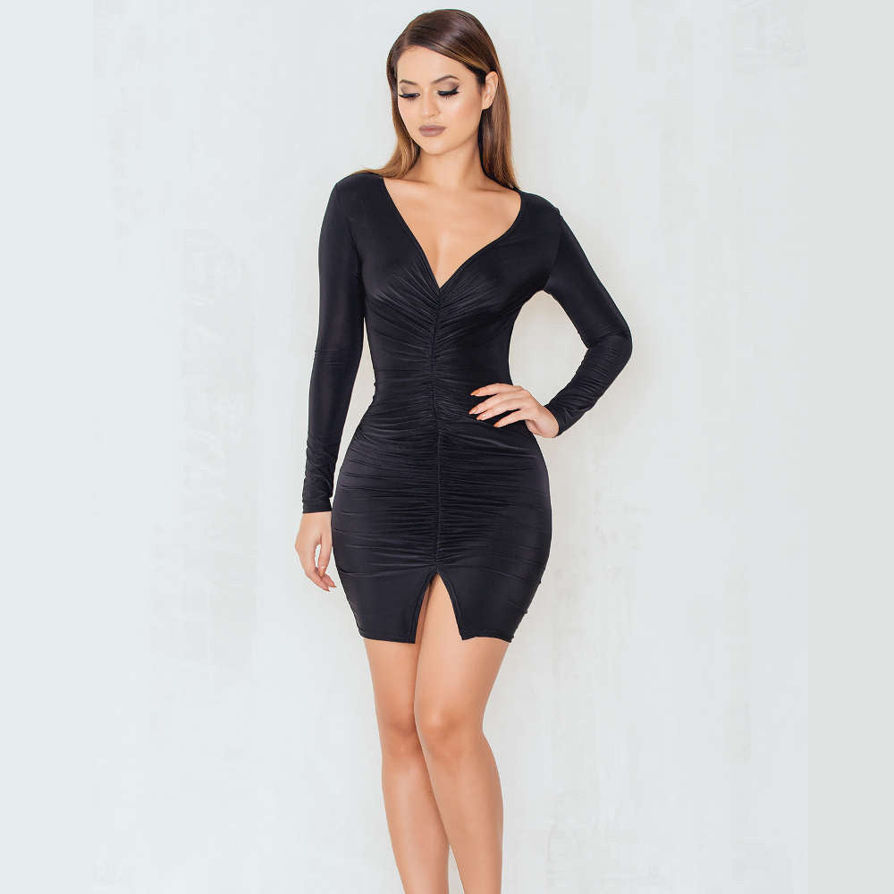 Sexy Long-Sleeved Drape Split Club Short Bodycon Dress