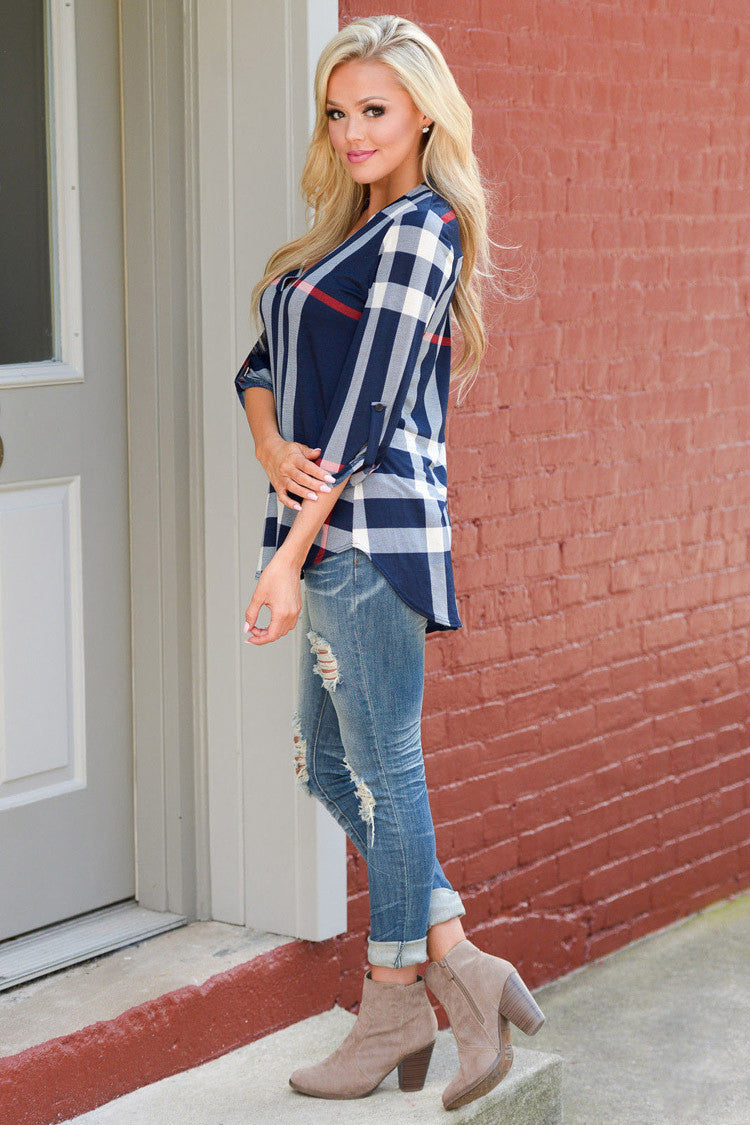 V-neck Plaid Print 3/4 Sleeves Loose Blouse