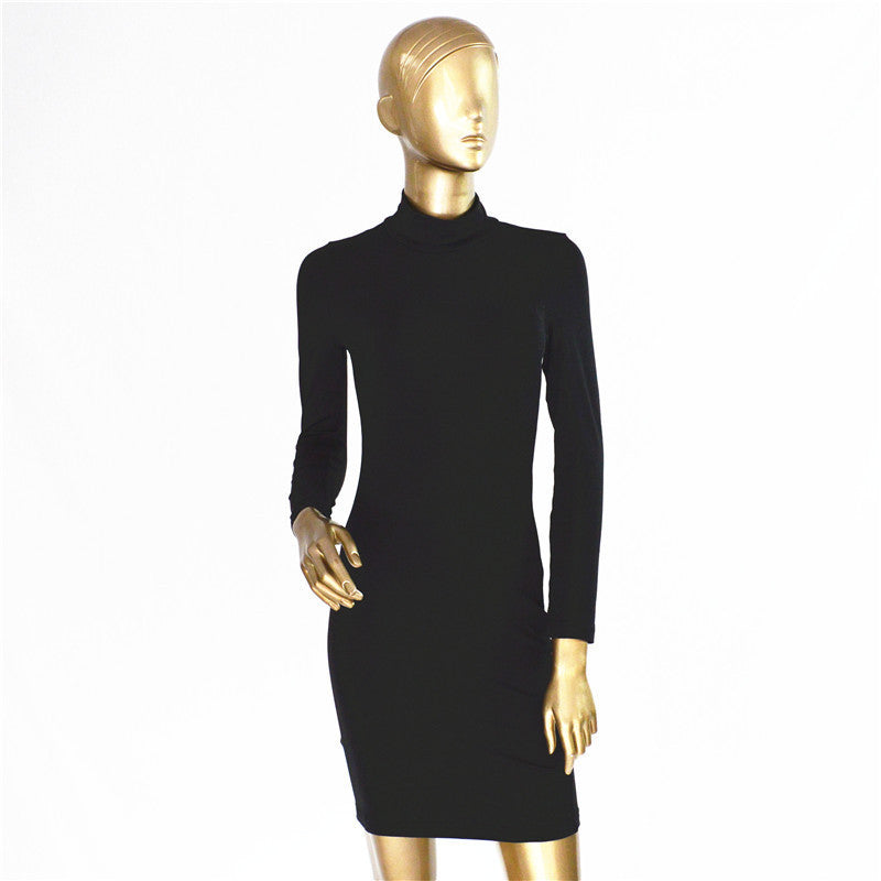High Neck Long Sleeve Back Zipper Bodycon Short Dress