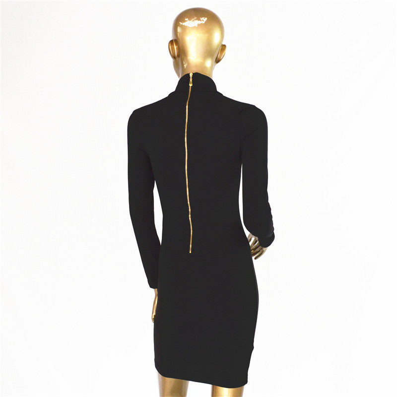 High Neck Long Sleeve Back Zipper Bodycon Short Dress