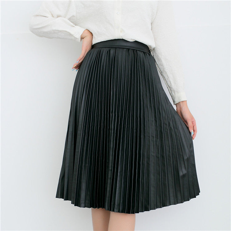 Retro PU High Waist Pleated Knee-Length Skirt