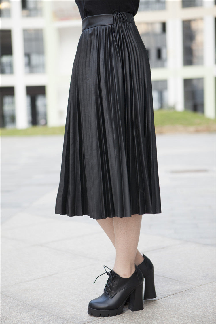 Retro PU High Waist Pleated Knee-Length Skirt
