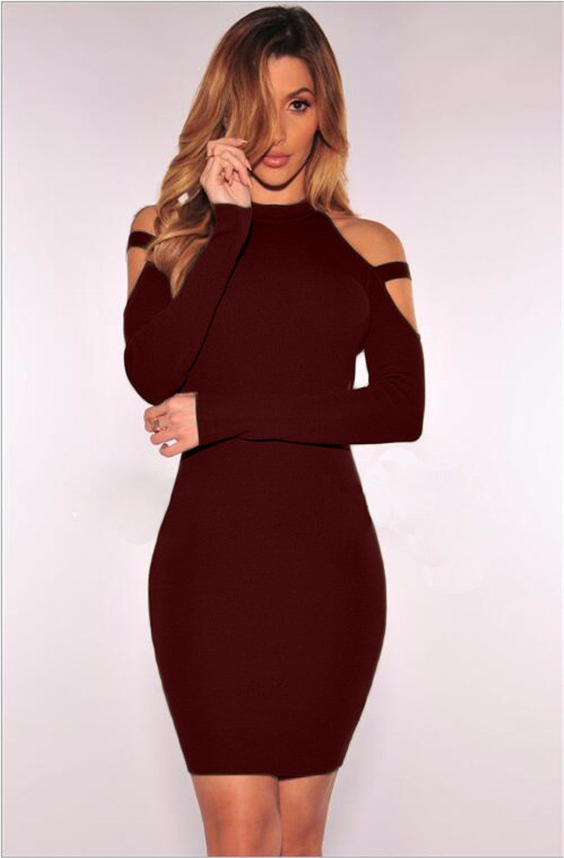 Scoop Cold Shoulder Long Sleeves Solid Short Club Dress