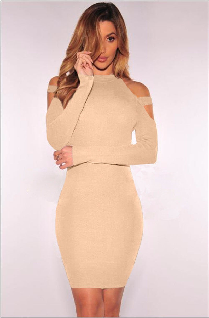 Scoop Cold Shoulder Long Sleeves Solid Short Club Dress