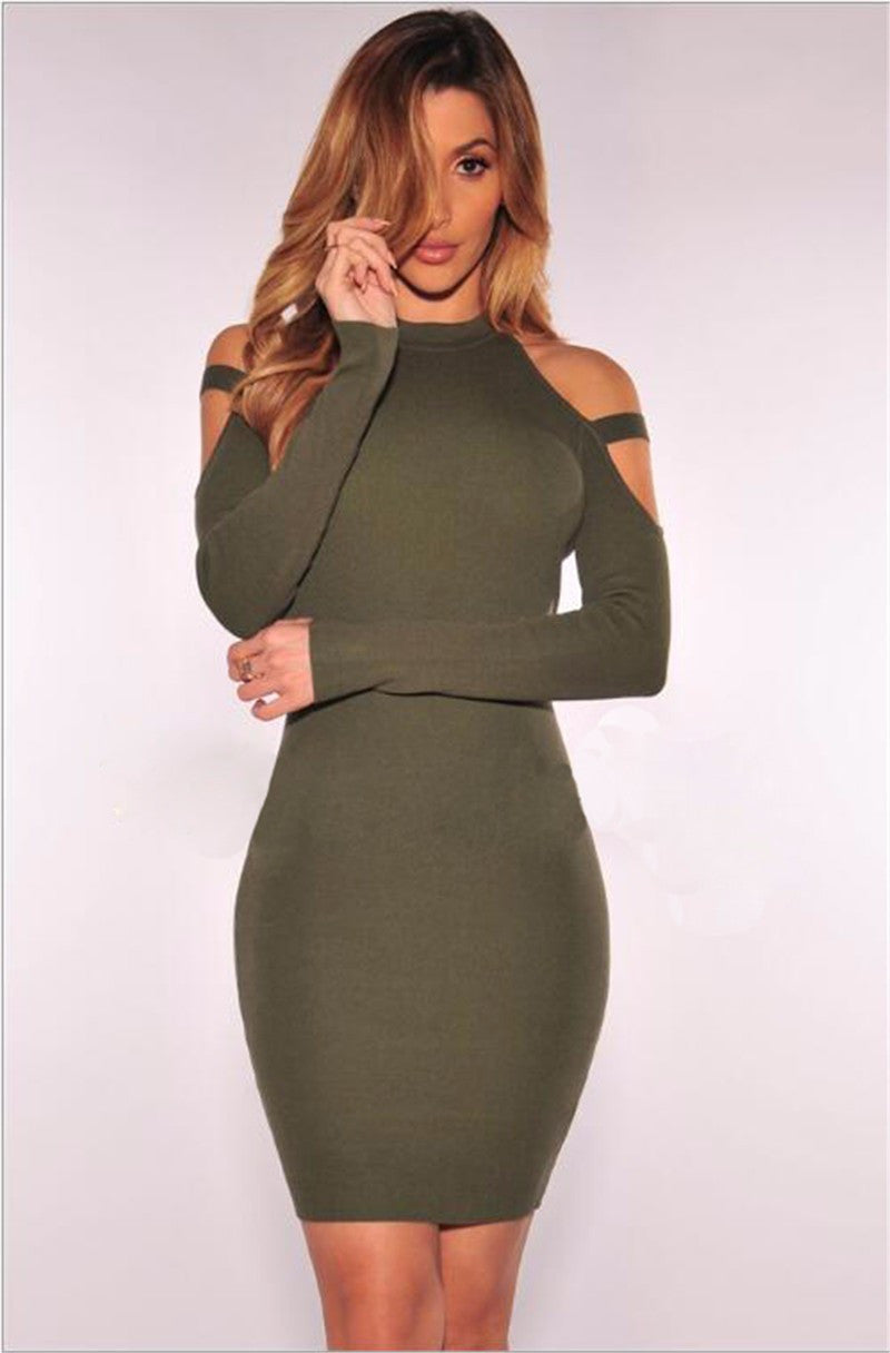 Scoop Cold Shoulder Long Sleeves Solid Short Club Dress