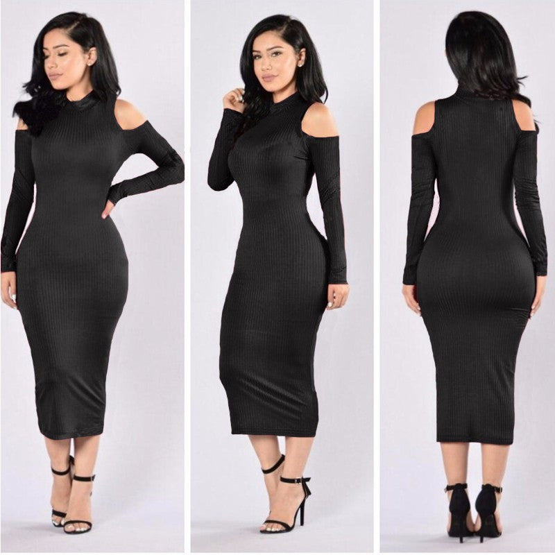 Dew Shoulder Pure Color High Neck long Bodycon Dress