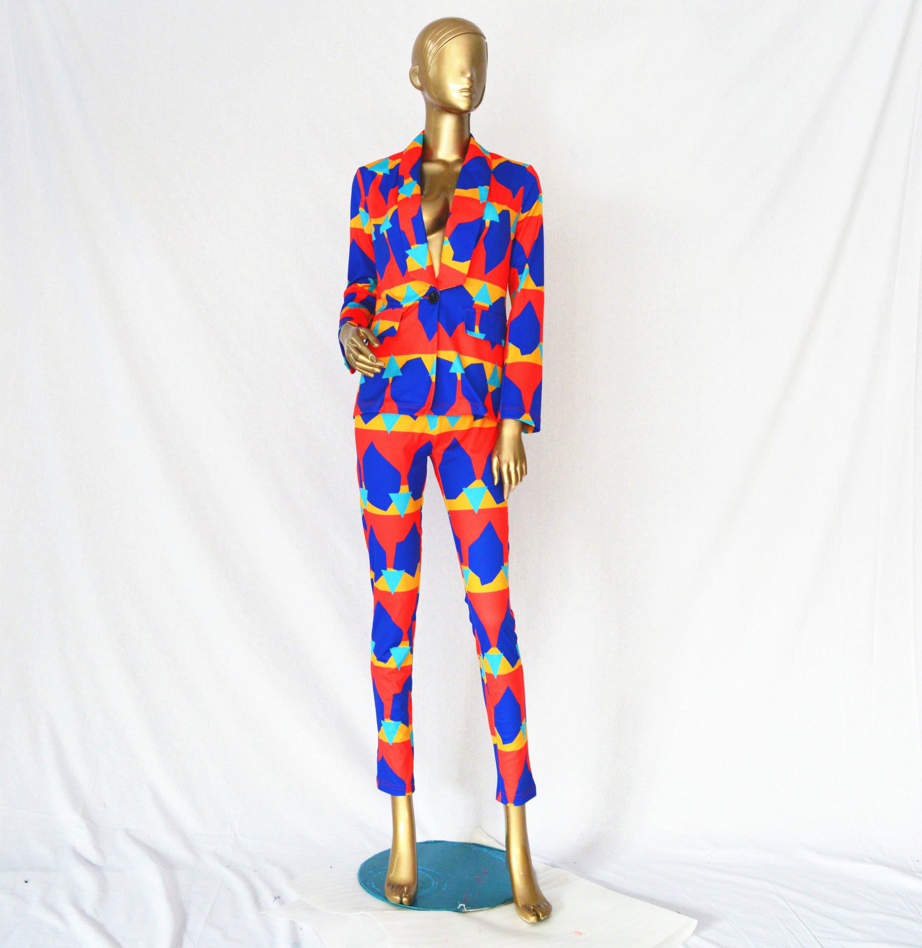 Sexy Colorful Geometric Print Blazer and Pants Two Pieces Set