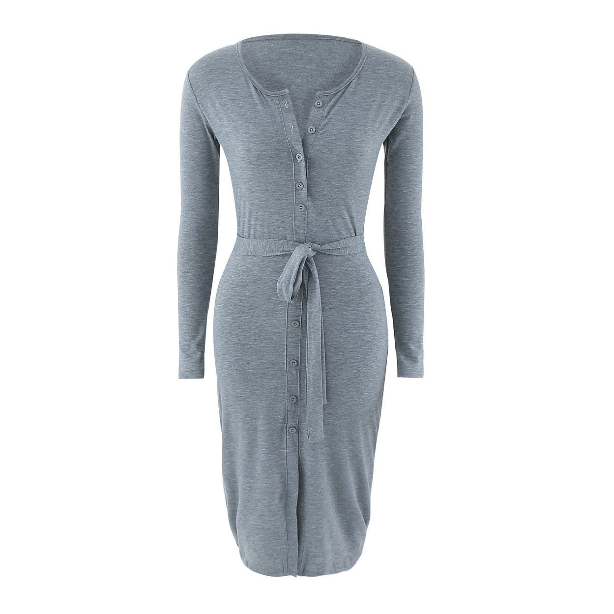 Sexy Button Scoop Long Sleeve Knee-length Dress With Belt