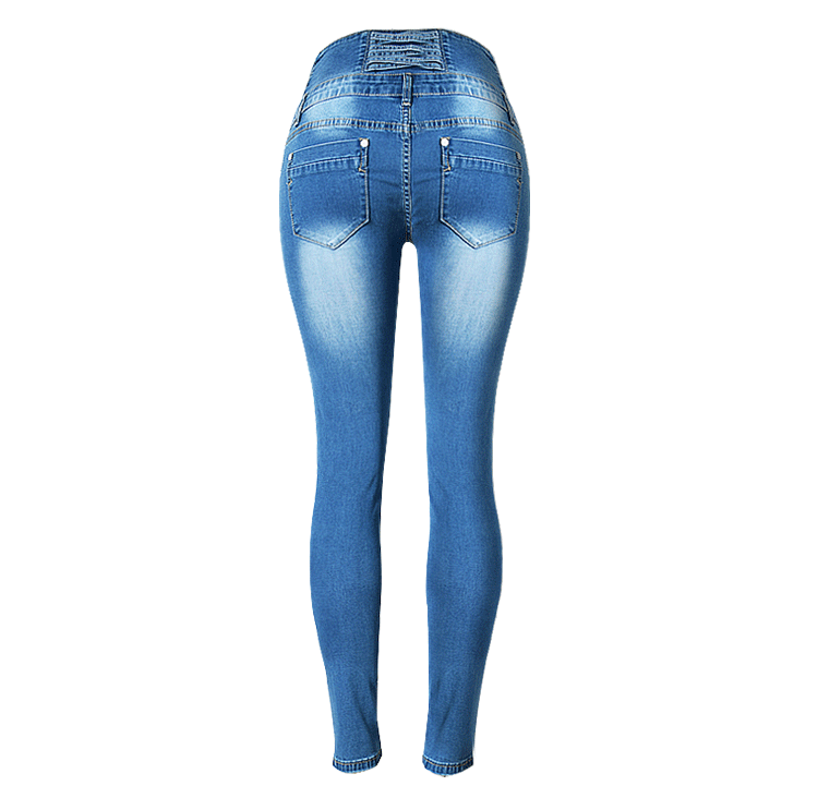 High Waist Elastic Buttons Denim Blue Slim Pants
