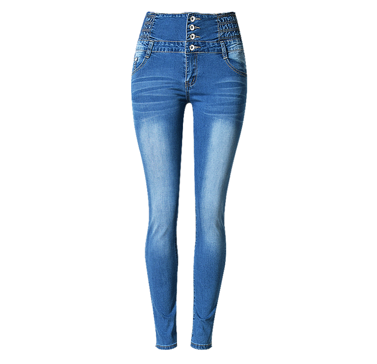 High Waist Elastic Buttons Denim Blue Slim Pants