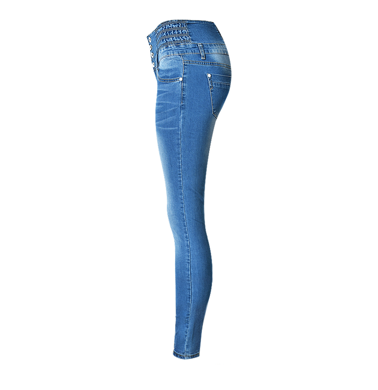High Waist Elastic Buttons Denim Blue Slim Pants
