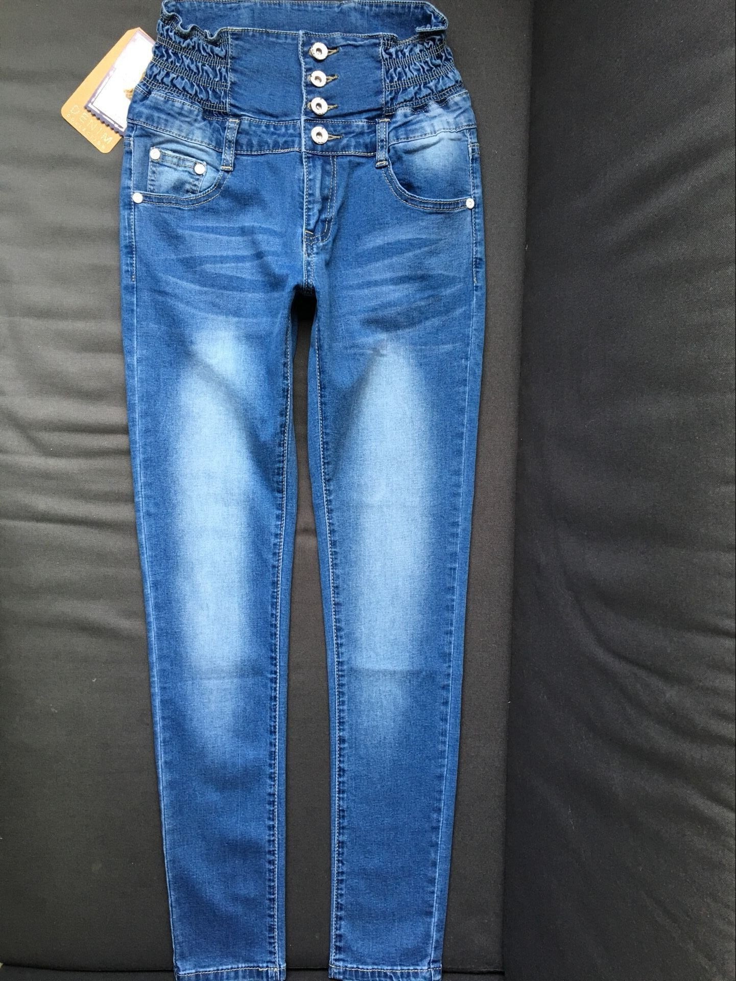 High Waist Elastic Buttons Denim Blue Slim Pants