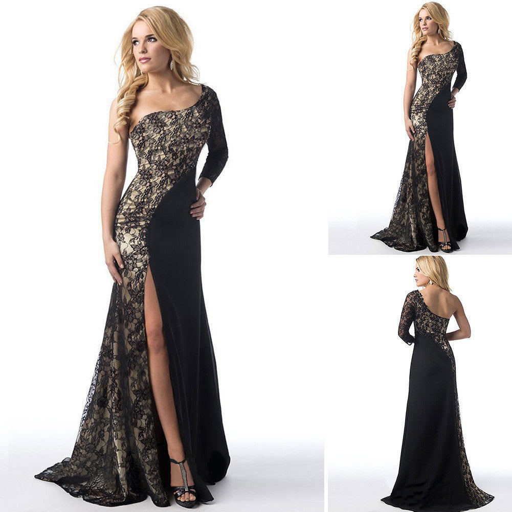 Sexy Lace Splicing One Shoulder Long Party Dress