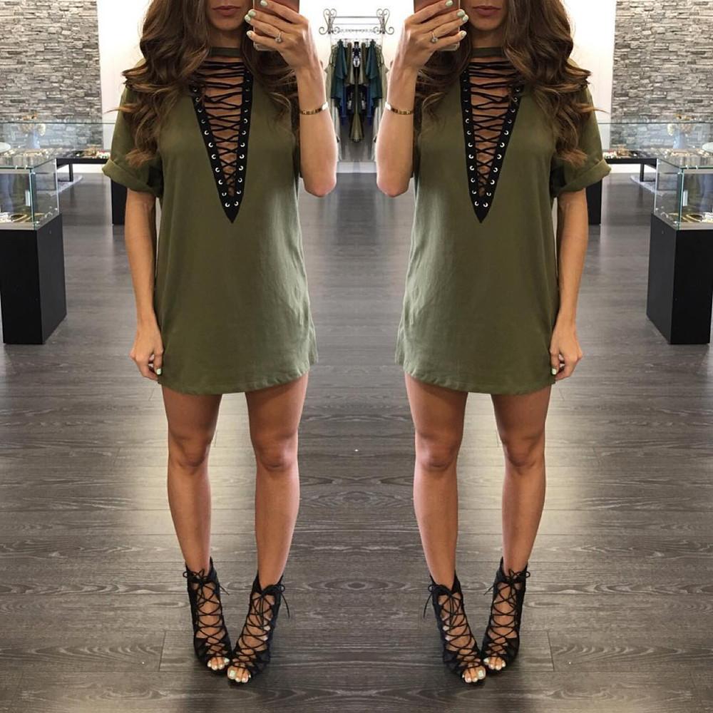 Pure Color Straps Hollow Out Half Sleeves V-neck Loose Short Dress