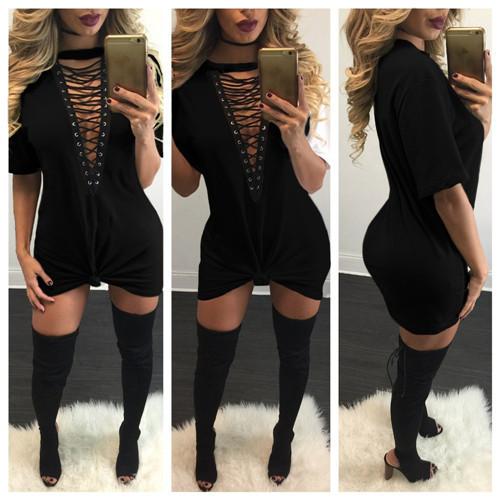 Pure Color Straps Hollow Out Half Sleeves V-neck Loose Short Dress