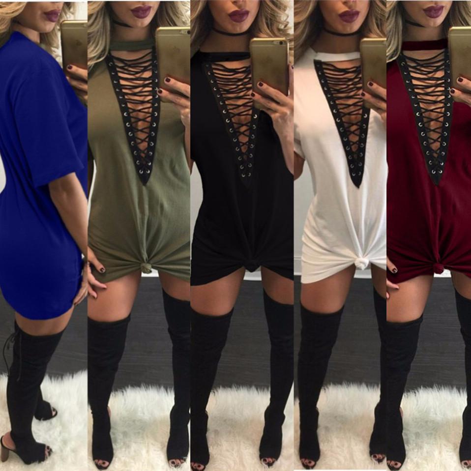 Pure Color Straps Hollow Out Half Sleeves V-neck Loose Short Dress