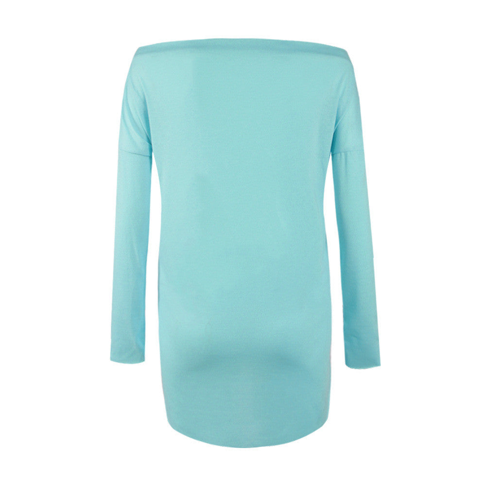 Sexy Scoop Long Sleeve Irregular Hemline Pure Color Blouse