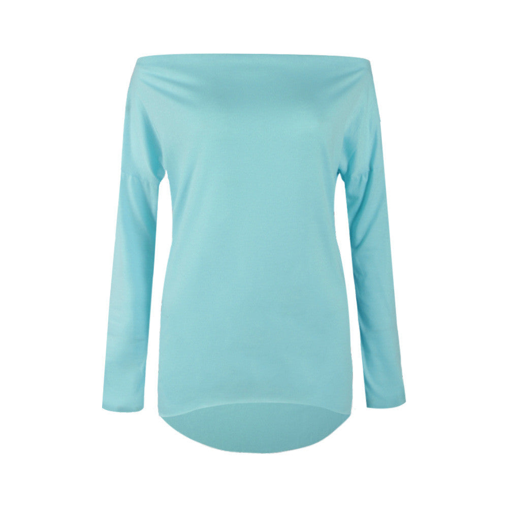Sexy Scoop Long Sleeve Irregular Hemline Pure Color Blouse