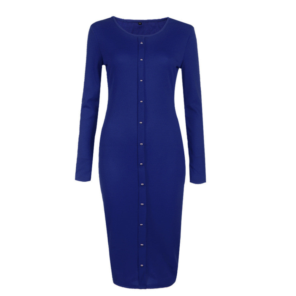 Fashion Button Decorate Long Sleeve Pure Color Long Knit Dress