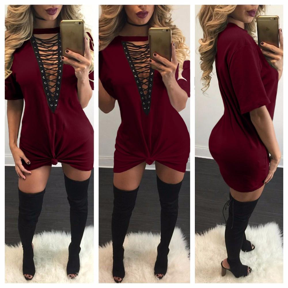 Pure Color Straps Hollow Out Half Sleeves V-neck Loose Short Dress