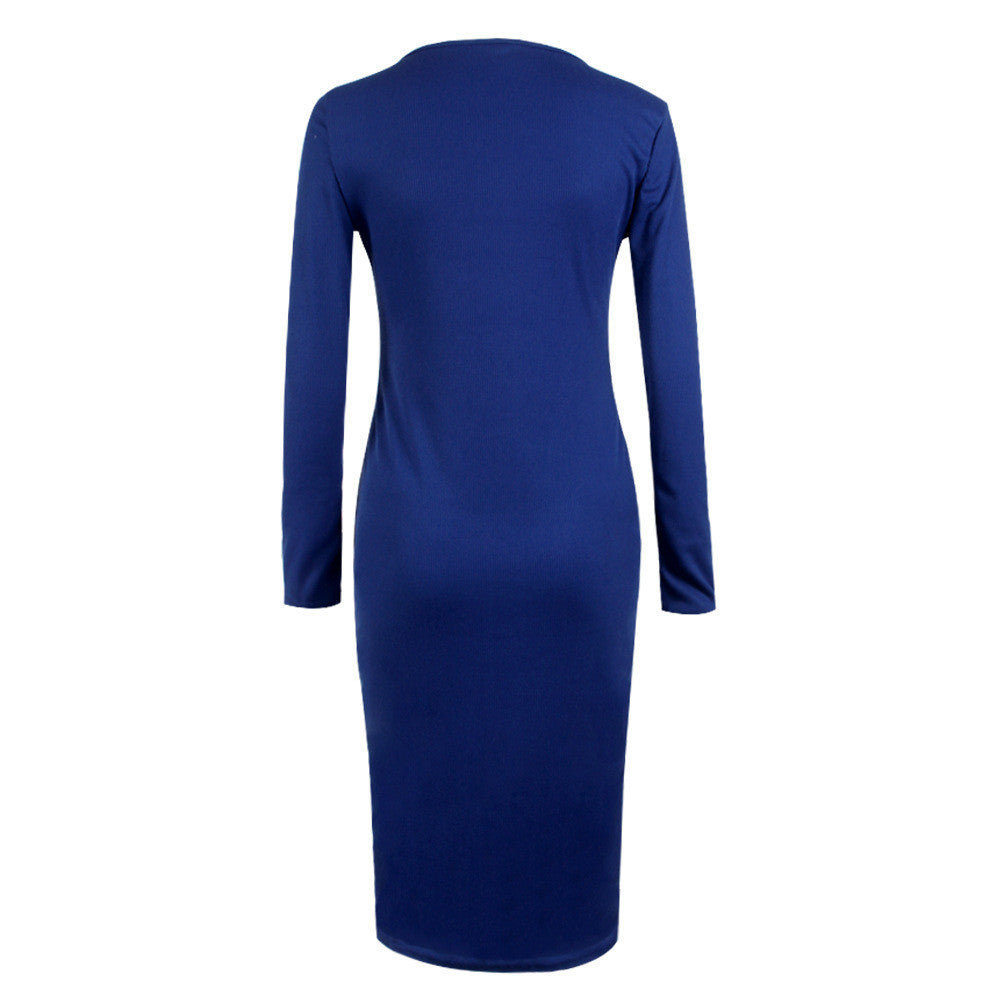 Fashion Button Decorate Long Sleeve Pure Color Long Knit Dress