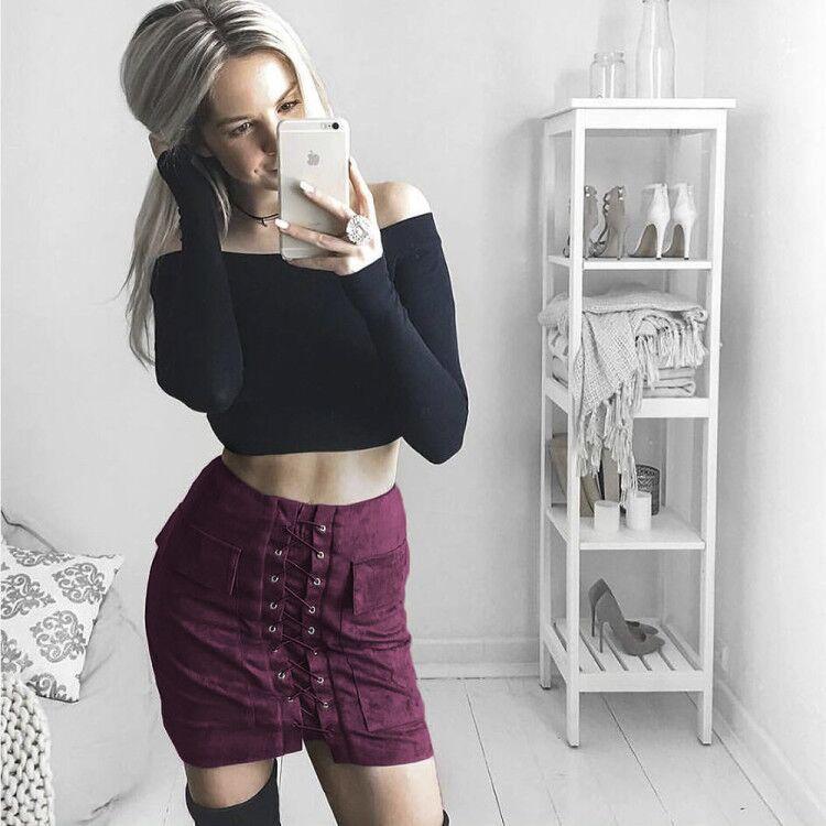 Fashion Suede Lace Up Pockets Short Bodycon Skirt