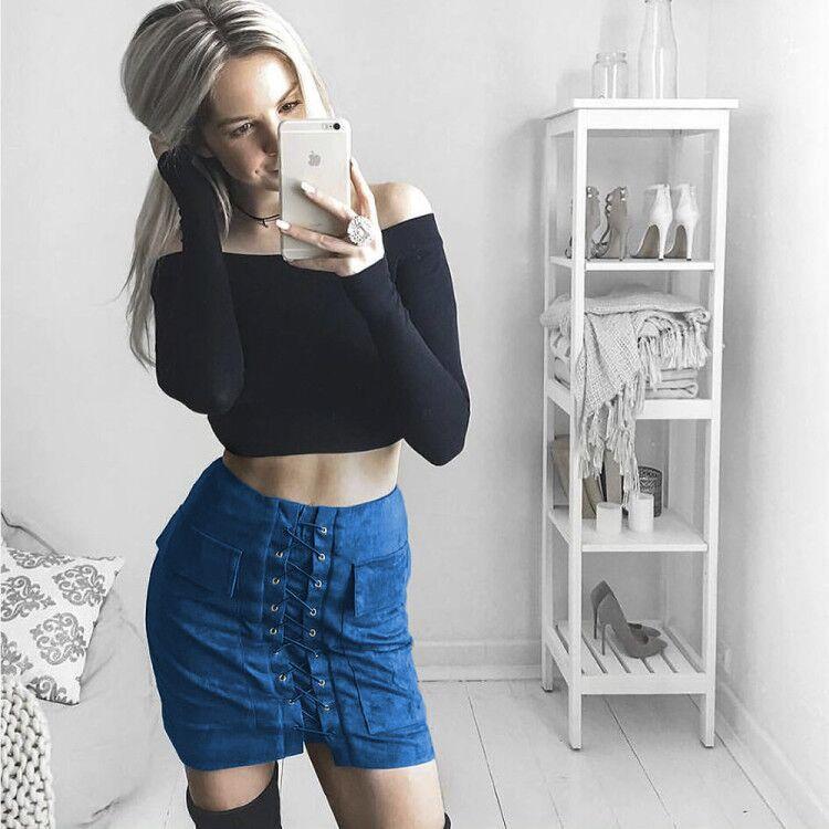 Fashion Suede Lace Up Pockets Short Bodycon Skirt