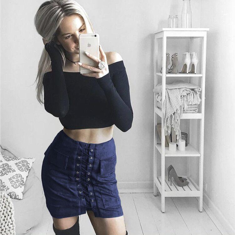 Fashion Suede Lace Up Pockets Short Bodycon Skirt