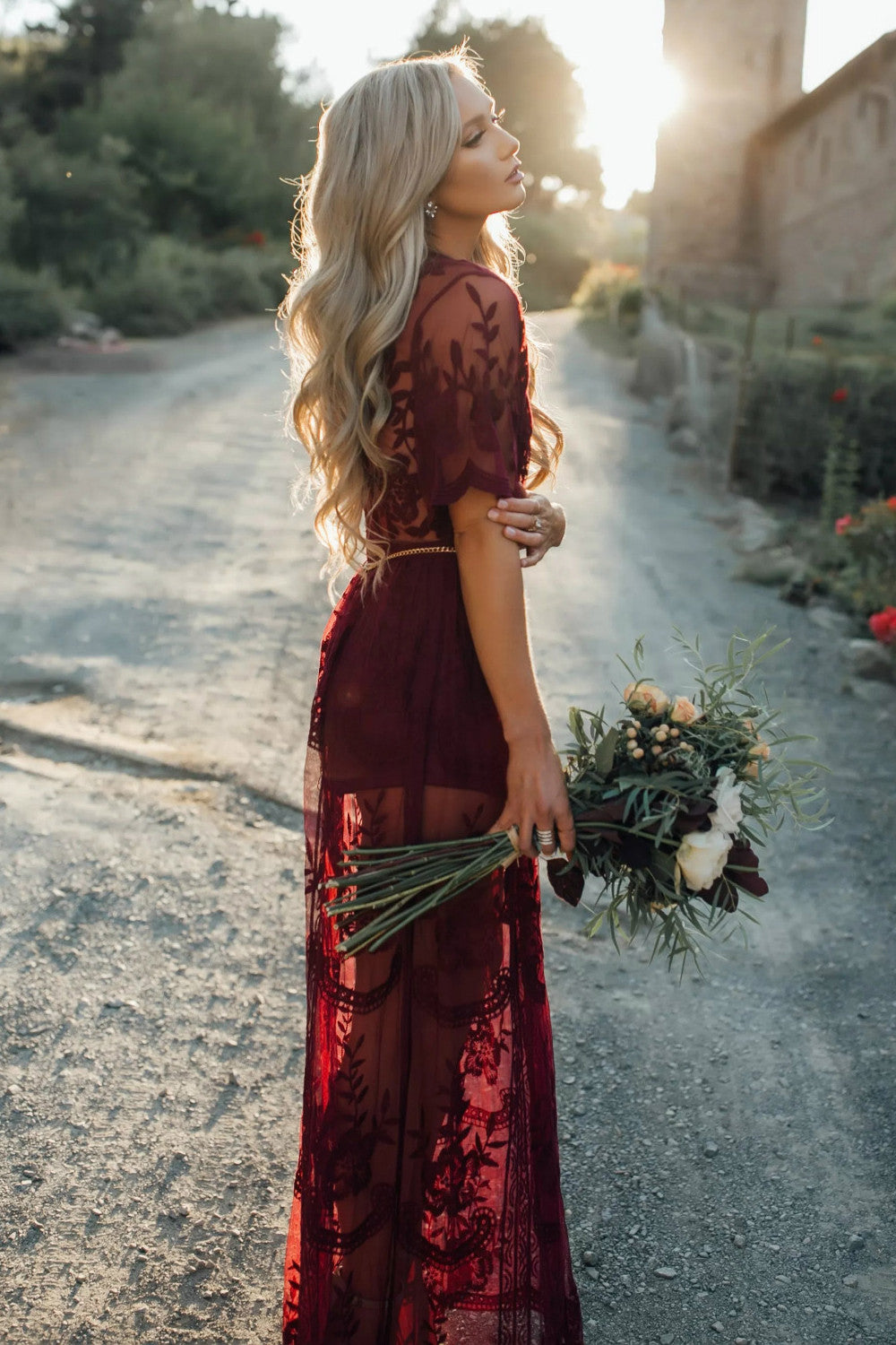V-neck Irregular Lace Split Long Dress
