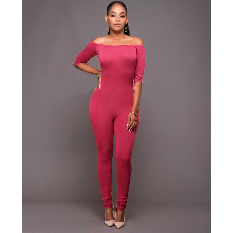 Off-Shoulder 1/2 Sleeve Pure Color Slim Long Jumpsuit