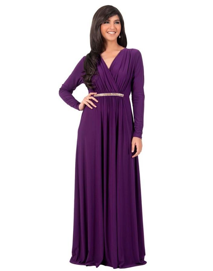 Long Sleeve V-neck Pleated Long Dress