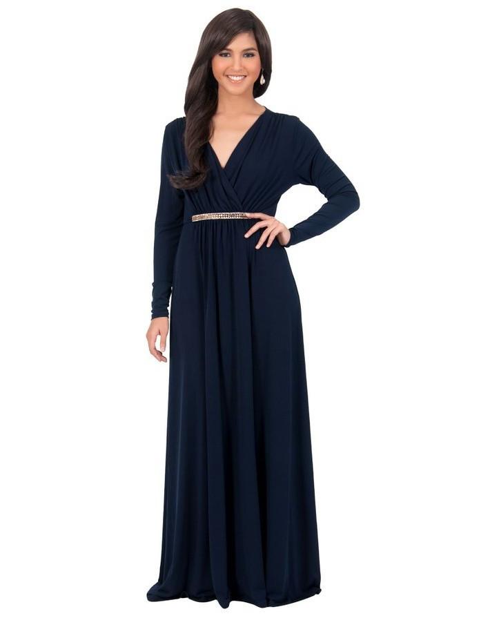 Long Sleeve V-neck Pleated Long Dress