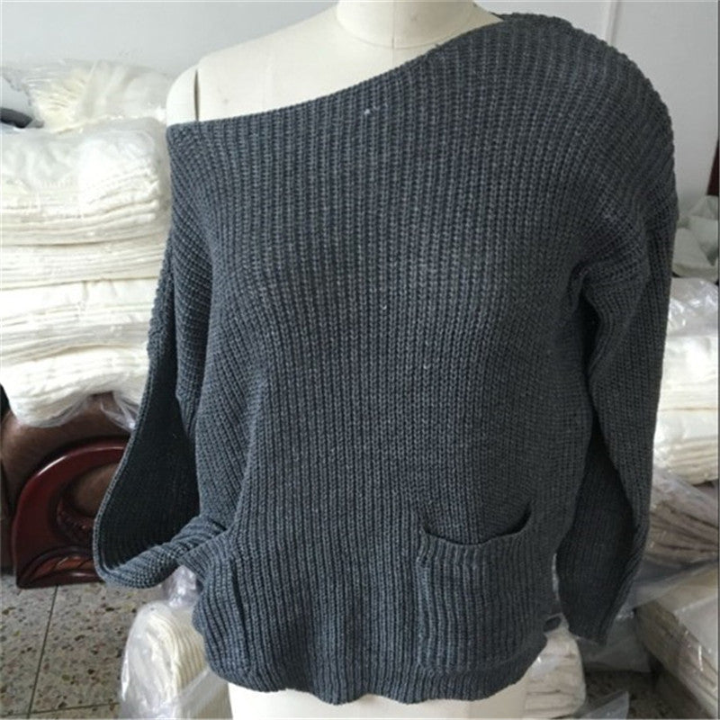 Fashion Casual Chunky Knit Loose One Shoulder Pockets Sweater