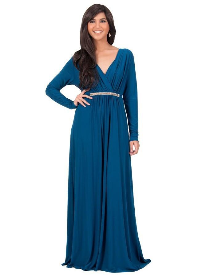 Long Sleeve V-neck Pleated Long Dress