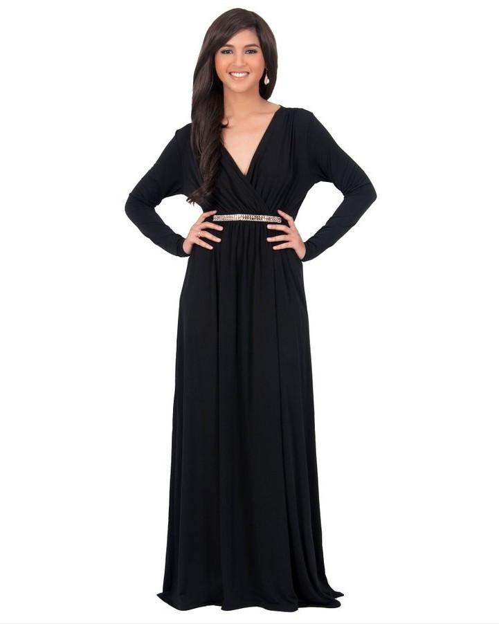 Long Sleeve V-neck Pleated Long Dress