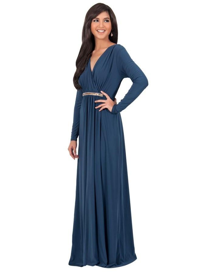 Long Sleeve V-neck Pleated Long Dress