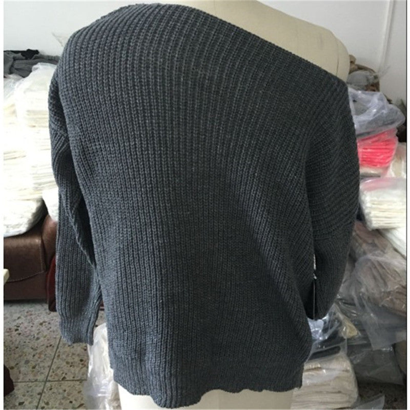Fashion Casual Chunky Knit Loose One Shoulder Pockets Sweater