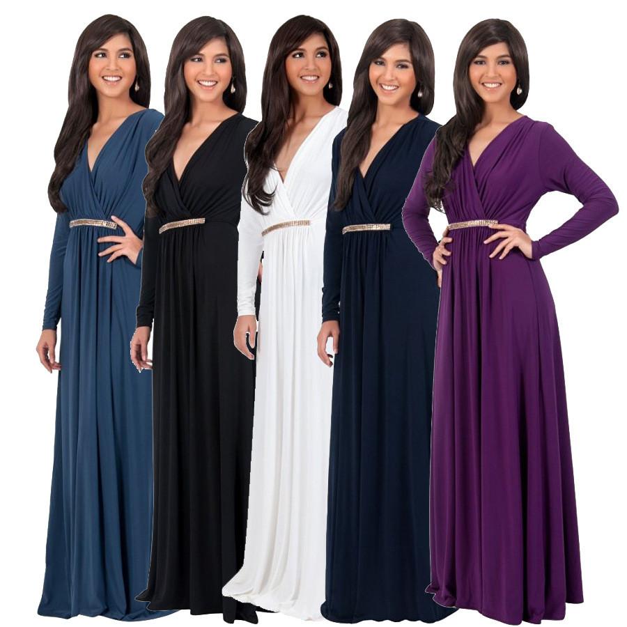 Long Sleeve V-neck Pleated Long Dress