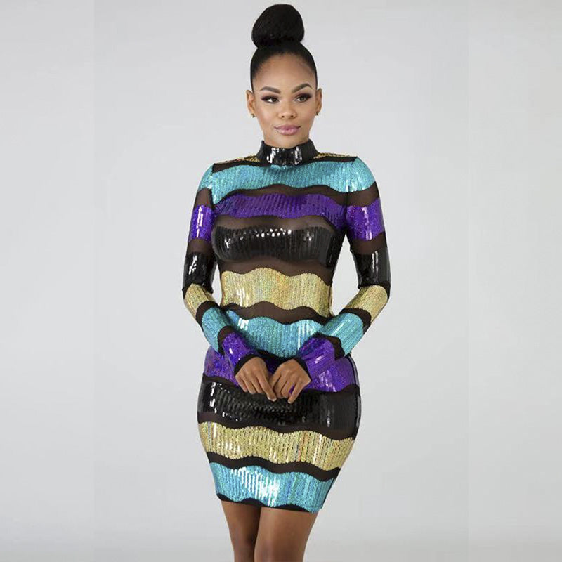 Sequin Colorblock Sheer Bodycon Long Sleeve Dress