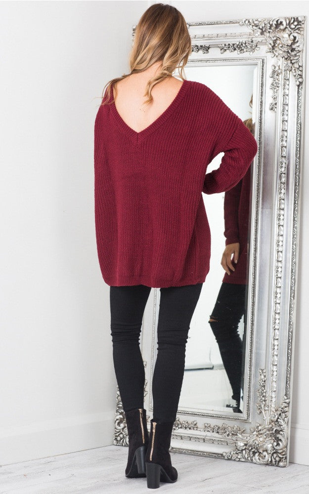 Fashion Pure Color Back Deep V Sweater Dress