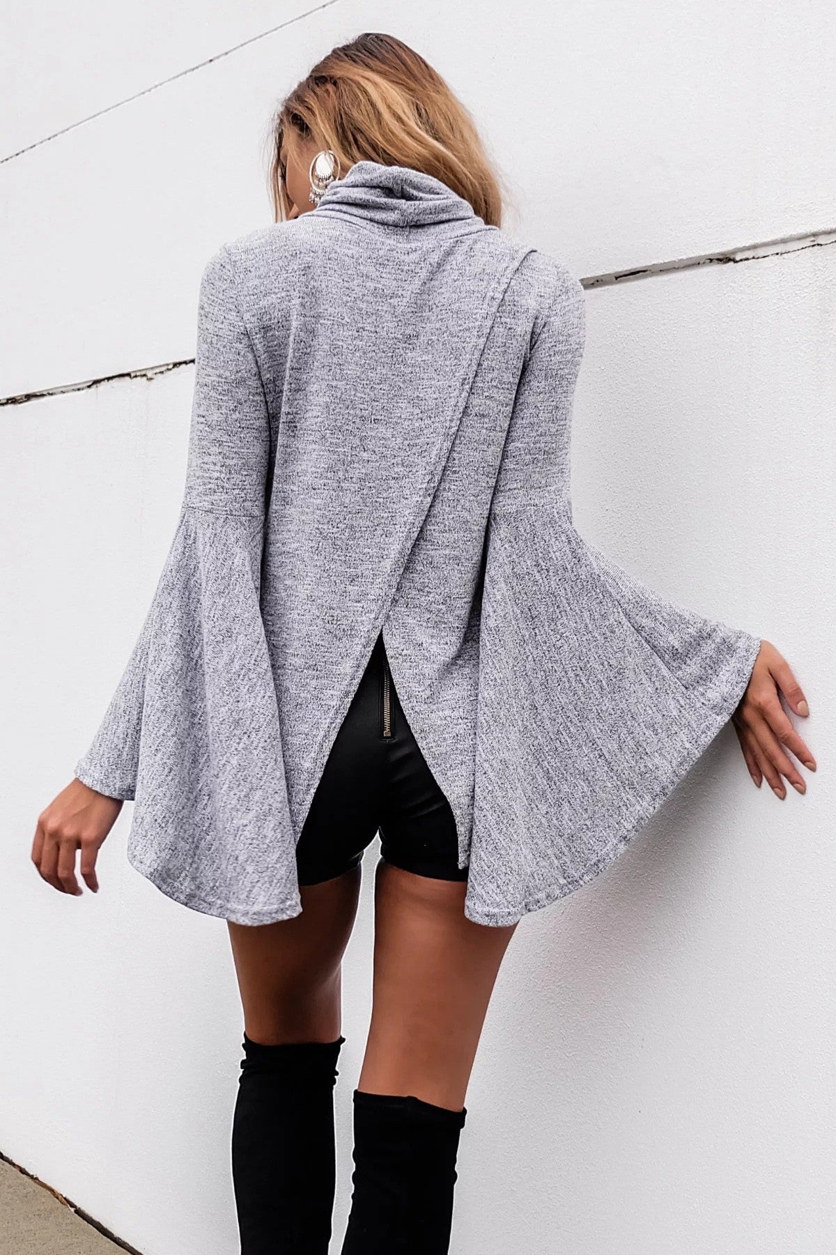 Bell Sleeve Back Slitting High Neck Sweater