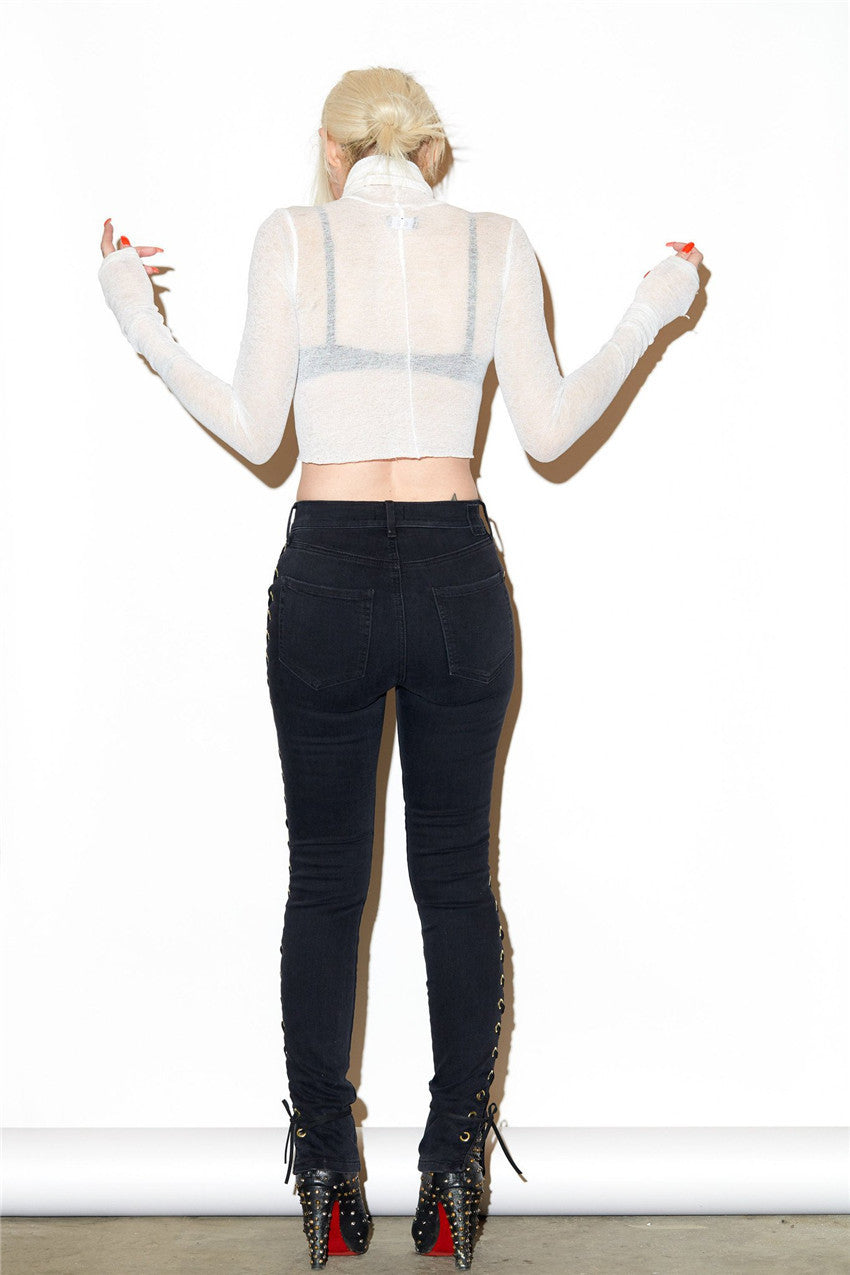 Side Lace Up Fitness Long Denim Pants