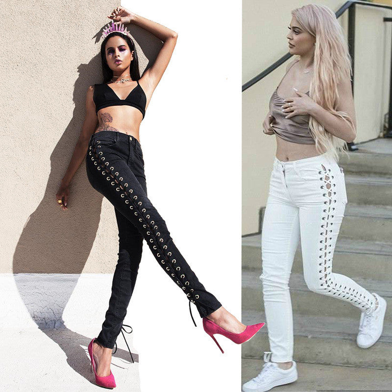 Side Lace Up Fitness Long Denim Pants