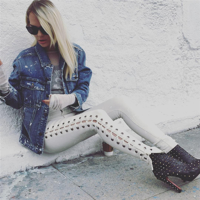 Side Lace Up Fitness Long Denim Pants