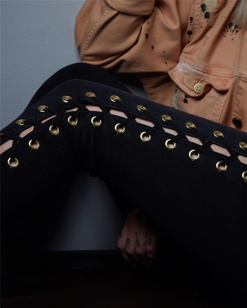Side Lace Up Fitness Long Denim Pants